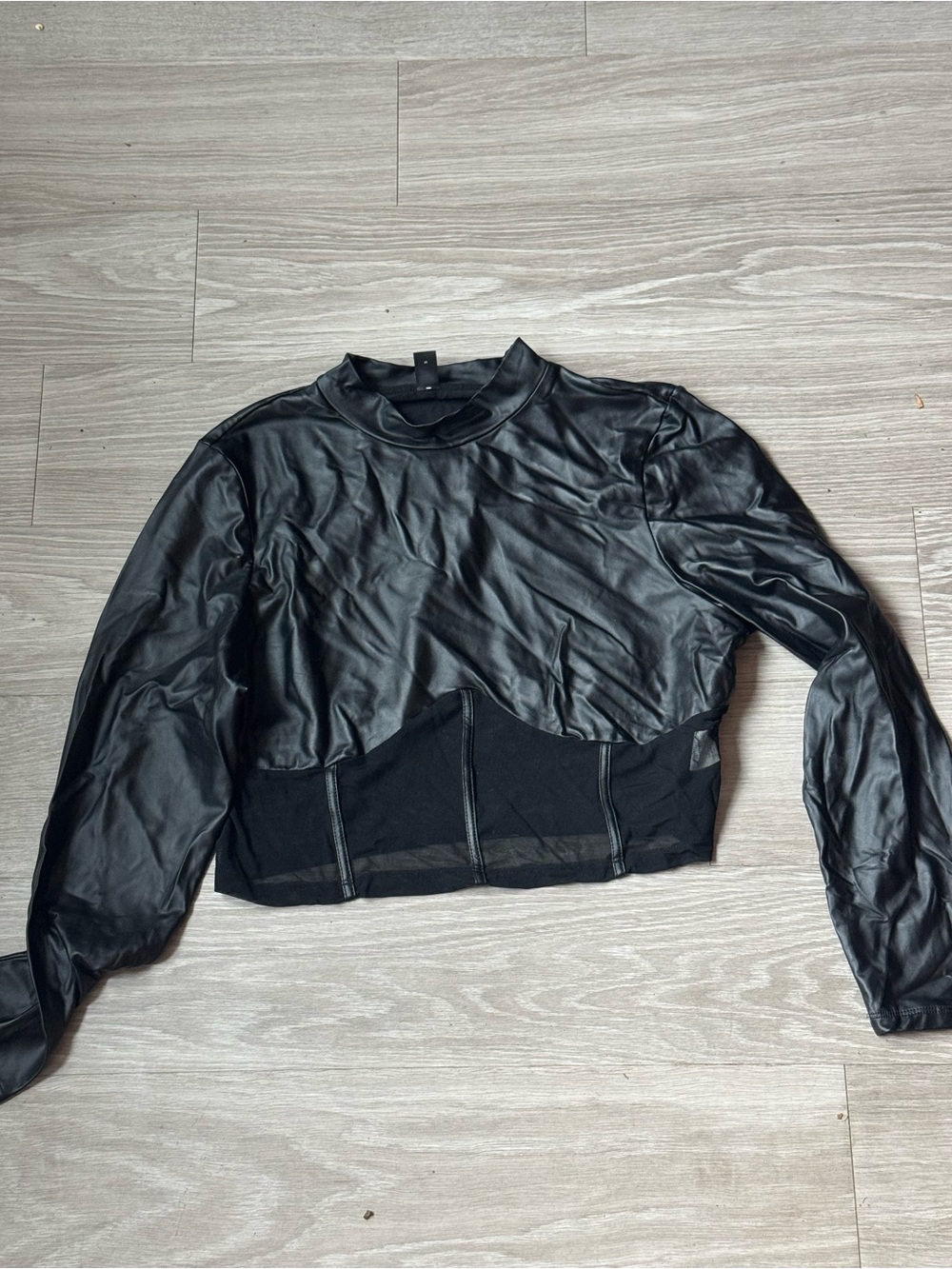 SHEIN Black Faux Leather Cropped Mock Neck Jacket with Mesh Panel